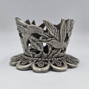 Vtg Pewter Hummingbird & Flowers Votive/Jar Candle Holder 1 3/4" x 2 3/4"